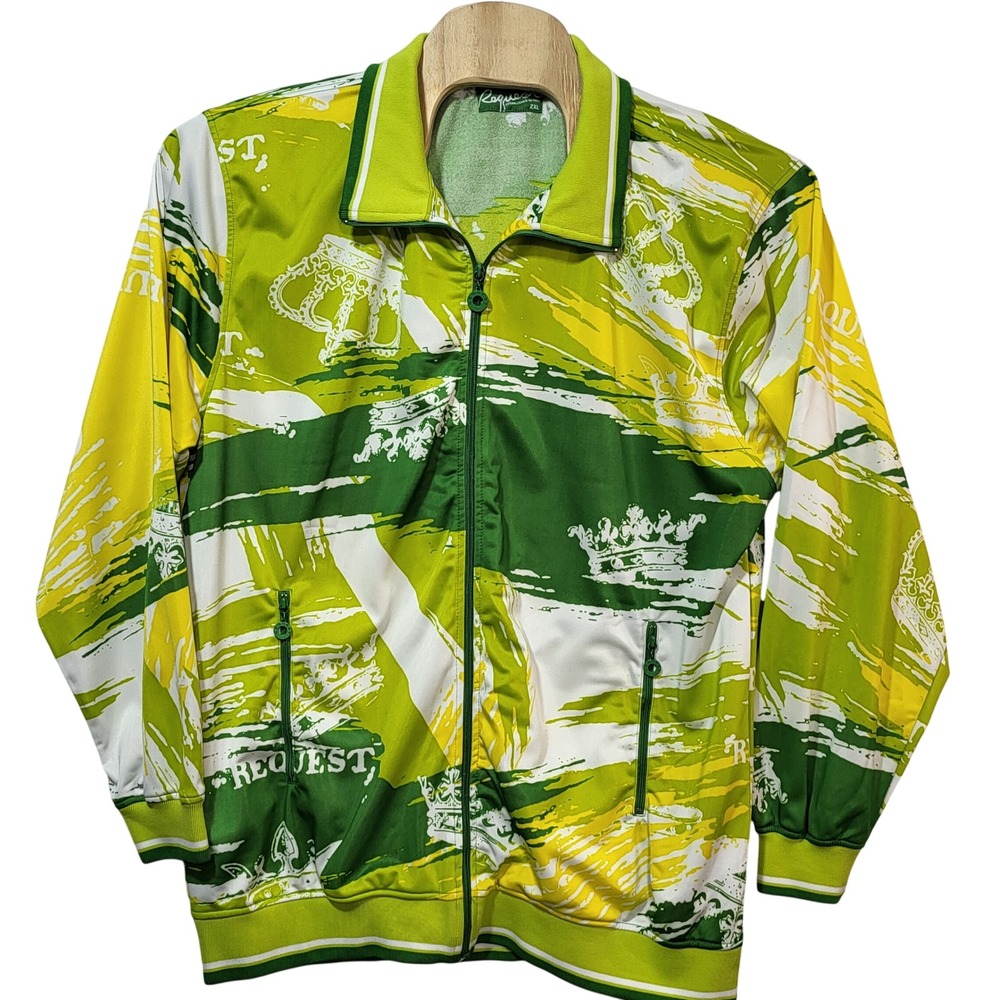 Request Mens 2XL Track Jacket Green‎ Yellow Abstract Crown Full Zip Streetwear